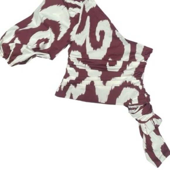 NWT One-Shoulder Top Maroon/White Puff Sleeve Cinch Waist Style Size M - Picture 2 of 9